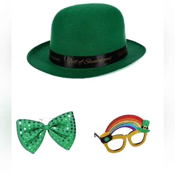 4pc green festive carnival accessories-glasses, fedora, sequin bow, suspenders - Picture 6 of 7